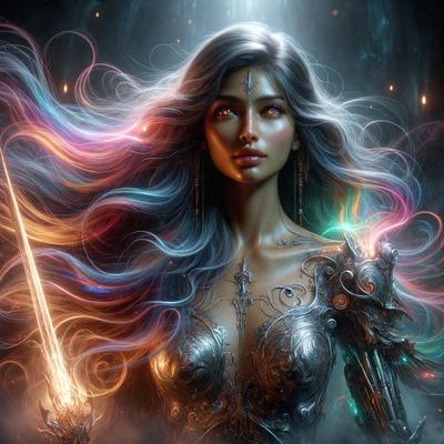 The primary subject of the image is a woman with long, flowing hair and a sword. She is wearing a metal armor and has a piercing gaze. The setting is a dark, moody environment, possibly a fantasy or sci-fi scene. The visual style is a digital art or illustration, with the woman's features and the sword being the main focus of the image. The colors are predominantly dark, with the woman's hair being the most prominent color, and the overall atmosphere is intense